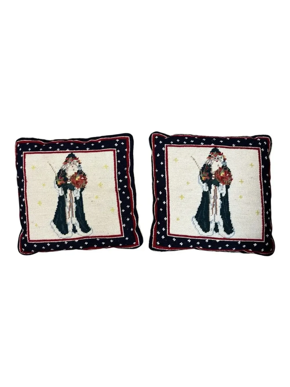 Vintage Needlepoint Santa Christmas Throw Pillows Primitive Folk Art Pair